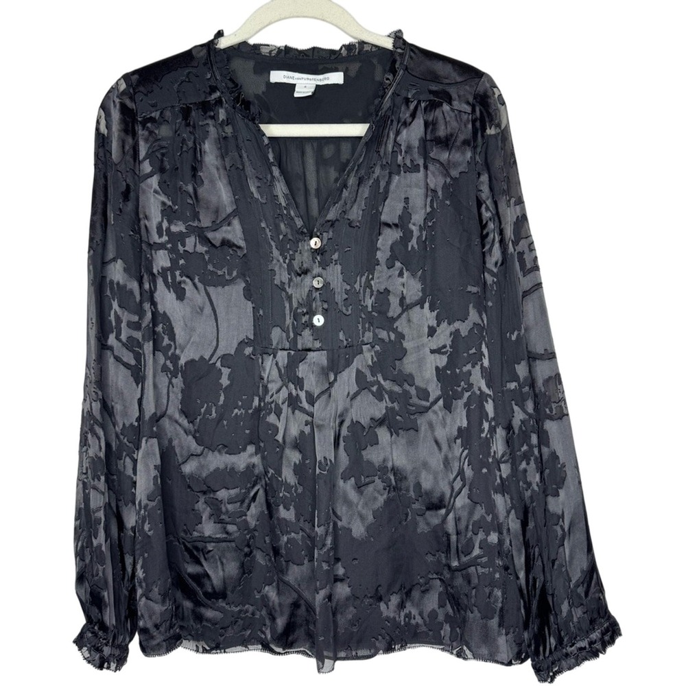 Diane Von Furstenberg Black Floral Top Silk Size 6 Velvet Overlay Whimsigoth